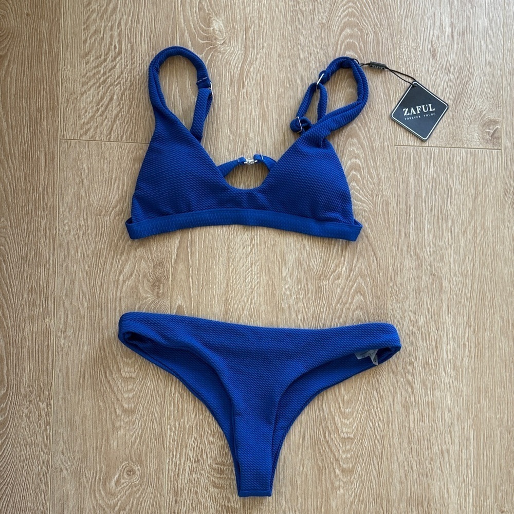 Zaful NWT Blue Bikini Top Bottom Set Women M Beach Vacation